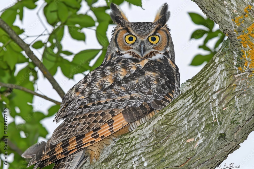 Obraz premium Great Horned Owl perched on tree branch