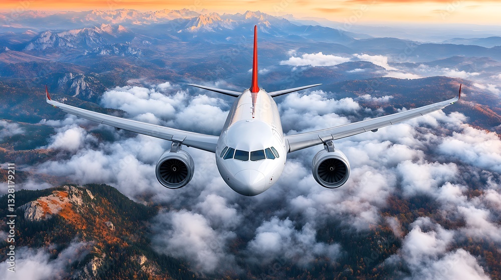 Fototapeta premium Airplane flying above autumnal mountains.