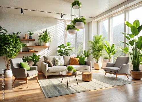 Modern Empty Living Room with Greenery: Stylish Minimalist Interior Design Stock Photo
