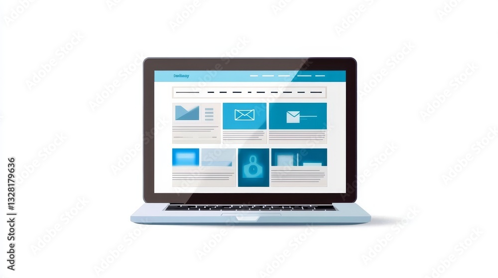 Modern laptop displaying a website with email icons and text boxes Modern laptop displaying a website with email icons and text boxes