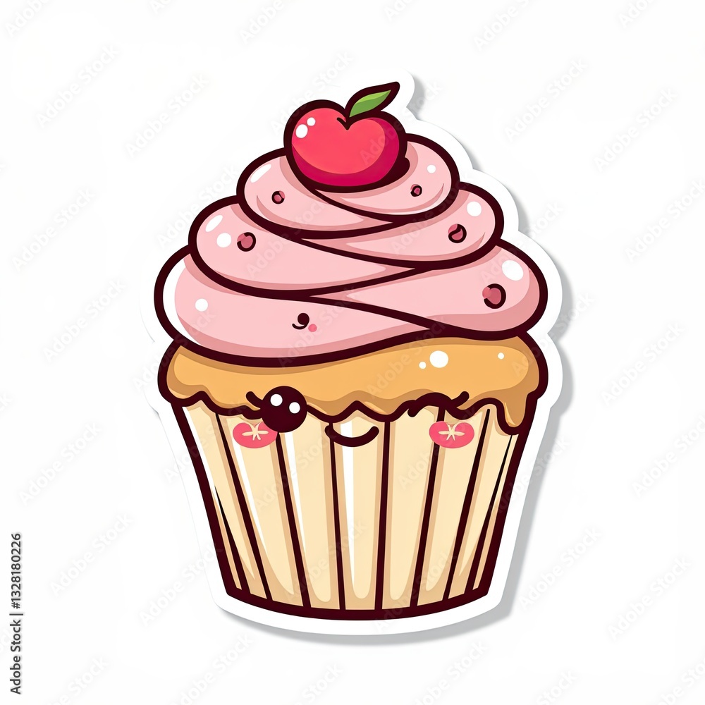 Cute cartoon cupcake with cherry and smiling face on top Cute cartoon cupcake with cherry and smiling face on top