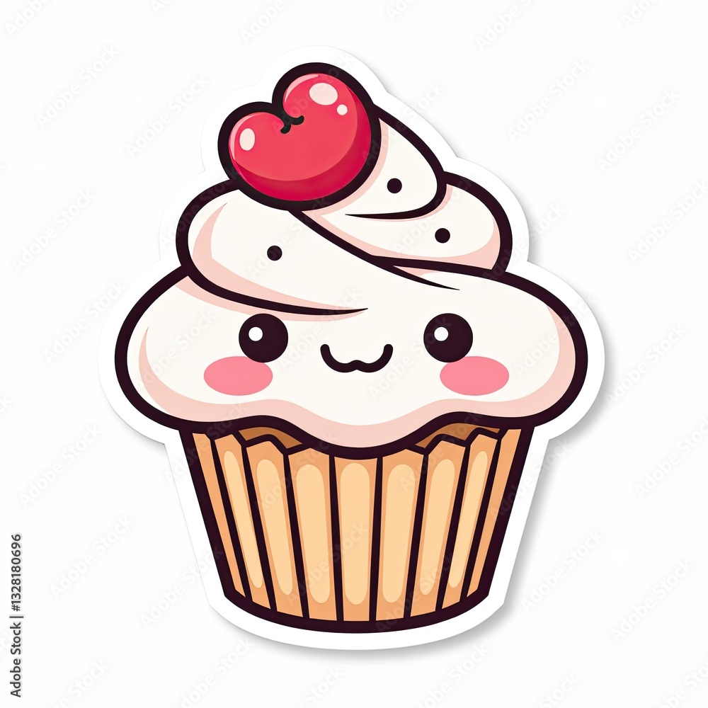 Cute cartoon cupcake with cherry and smiling face on top Cute cartoon cupcake with cherry and smiling face on top