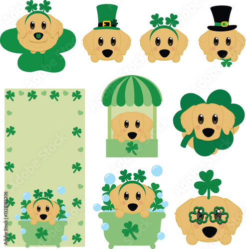 St. Patrick's Day dog clipart, Irish golden retriever digital art, lucky puppy with shamrock, green leprechaun dog illustration, festive Irish dog vector, 