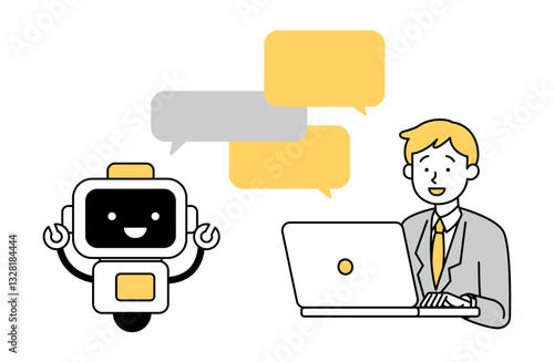 AIと仕事をする会社員男性のベクターイラスト サラリーマン ロボット チャットボット