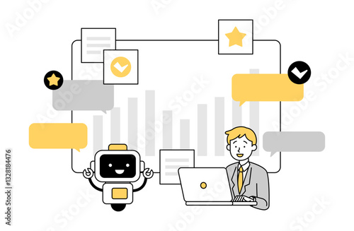 AIと仕事をする会社員男性のベクターイラスト サラリーマン ロボット チャットボット