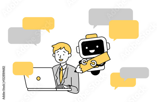 生成AIと仕事をする男性会社員のベクターイラスト サラリーマン ロボット 吹き出し シンプル