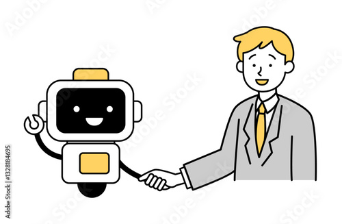 AIボットと握手する男性のイラスト ビジネス ロボット 会社員 サラリーマン シンプル 