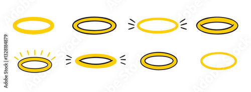 angels halo, nimbus doodle icon set. vector flat icon design yellow halo on white background. logo template halo element religion theme.