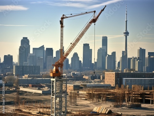 Urban construction crane in city skyline