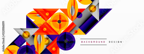 Geometric abstract composition with intersecting shapes, circles, triangles, and gradients, blending vibrant colors and dynamic contrasts to create a modern, futuristic visual design