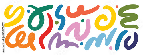 Retro groovy hippie 60s 70s abstract shapes set. Fluid organic shape colorful blobs, wavy doodle stripes inscribed. Bold hand drawn lines, spots. 