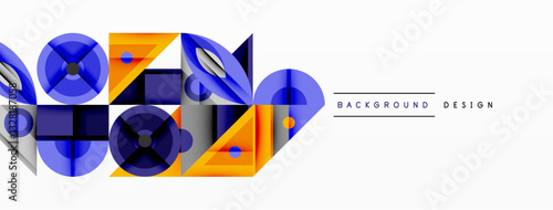 Geometric abstract composition with intersecting shapes, circles, triangles, and gradients, blending vibrant colors and dynamic contrasts to create a modern, futuristic visual design