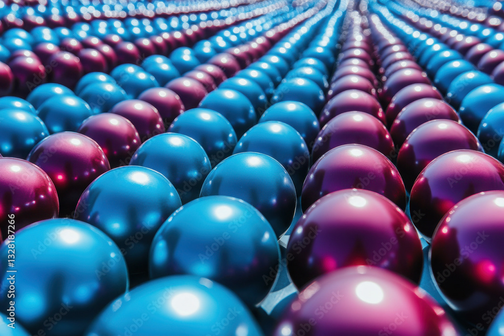 Rows of vibrant blue and red metallic spheres create a mesmerizing geometric pattern in a futuristic setting, capturing light and reflections beautifully. Rows of vibrant blue and red metallic spheres create a mesmerizing geometric pattern in a futuristic setting, capturing light and reflections beautifully.
