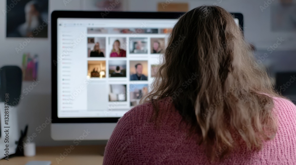 A person in a pink sweater engages in a virtual meeting at home, the computer screen displaying various participant images. A person in a pink sweater engages in a virtual meeting at home, the computer screen displaying various participant images.