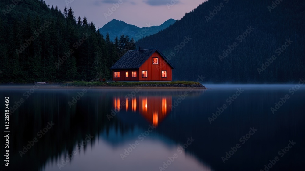 Fototapeta premium Rustic cabin on a lake at twilight