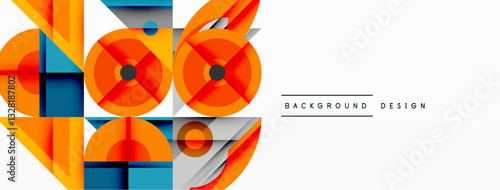 Geometric abstract composition with intersecting shapes, circles, triangles, and gradients, blending vibrant colors and dynamic contrasts to create a modern, futuristic visual design