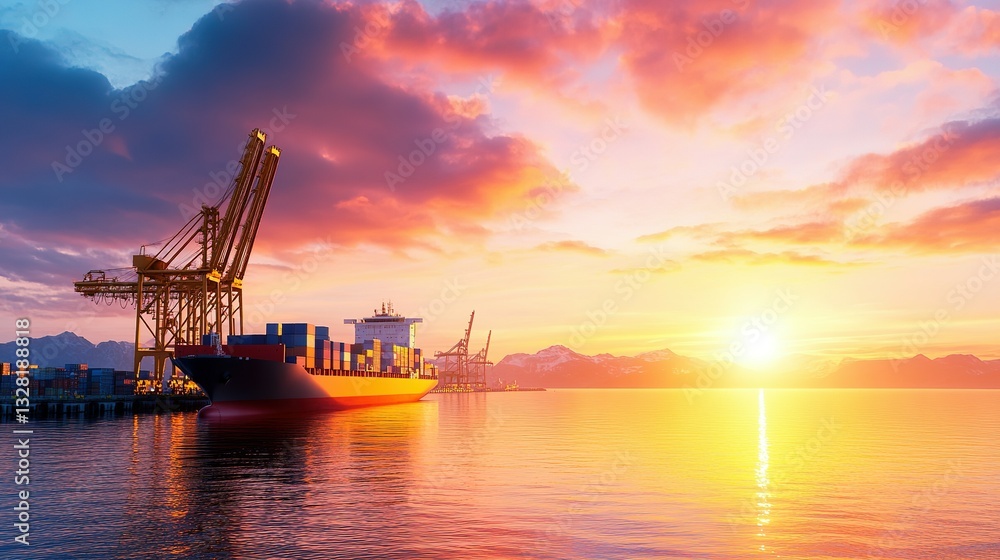 Obraz premium A cargo ship docked at a port during a beautiful sunset