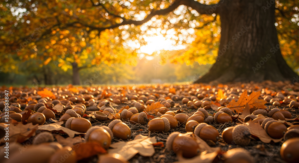 Obraz premium A stunning autumn scene featuring numerous acorns scattered on the ground under a majestic oak tree bathed in the warm glow of a setting sun. The golden light illuminates the fallen leaves