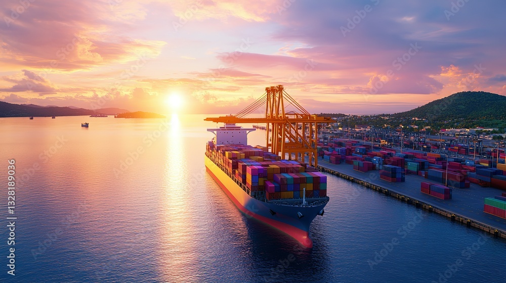 A large container ship docked in a harbor at sunset A large container ship docked in a harbor at sunset