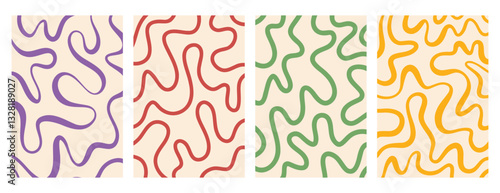 retro vintage background twisted lines, fluid, curved, wiggling stripes and waves set. Colorful funky chaotic Liquid ornaments, groovy hippie pattern set.