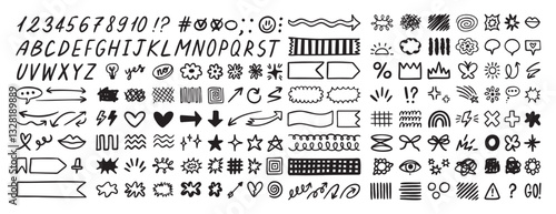 Scribble doodle elements set, paint underline children marker scratch, vector pen squiggle kit collection. Kids hand drawn abstract sketch, alphabet, texture, icons, heart.