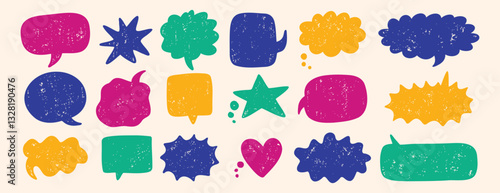 text boxes and speech bubbles with grunge crayon or color chalk texture set. Retro vintage illustration on a white background.