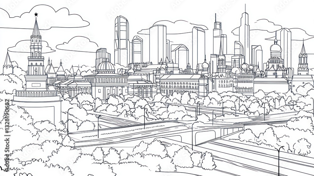 Outline drawing of a cityscape with trees and roads. Possible use Stock photo for educational materials, children's books, or architectural illustrations Outline drawing of a cityscape with trees and roads. Possible use Stock photo for educational materials, children's books, or architectural illustrations