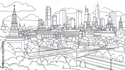 Outline drawing of a cityscape with trees and roads. Possible use Stock photo for educational materials, children's books, or architectural illustrations