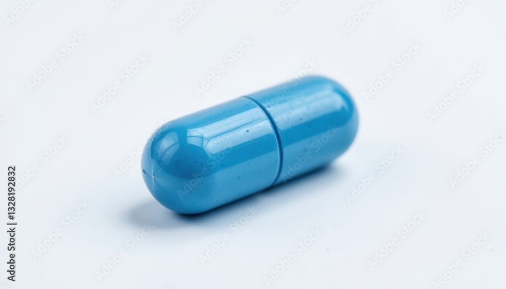 A high quality close up image featuring a blue capsule pill against a crisp white background, showcasing every detail of its glossy coating and intricate design. A high quality close up image featuring a blue capsule pill against a crisp white background, showcasing every detail of its glossy coating and intricate design.