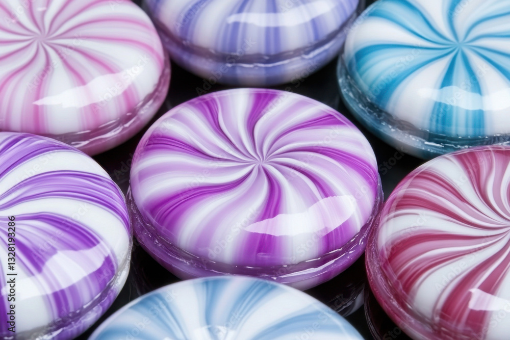 Obraz premium Colorful swirl-patterned candy pieces arranged in an eye-catching display showcasing shades of purple, pink, and blue with a glossy finish.