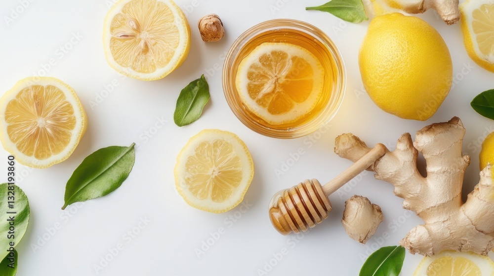 Fresh lemons on a rustic wooden table with a honey dipper and jar of golden honey beside them, bright and vibrant composition Fresh lemons on a rustic wooden table with a honey dipper and jar of golden honey beside them, bright and vibrant composition