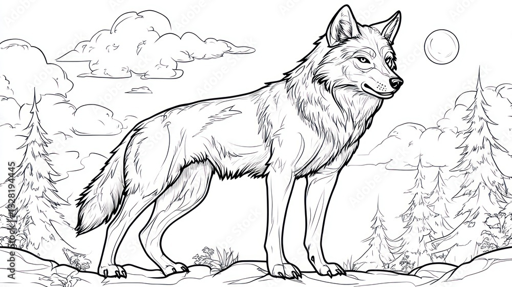Obraz premium Black and white wolf illustration, nature background, coloring page, kids art