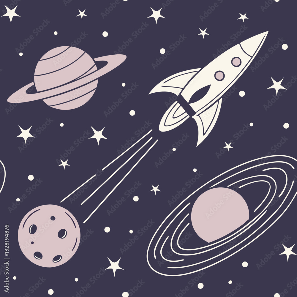 Naklejka premium This mesmerizing celestial pattern masterfully blends the beauty of space with the thrill of science fiction. Spaceships, planets, and alien landscapes create a sophisticated and visually stimulating