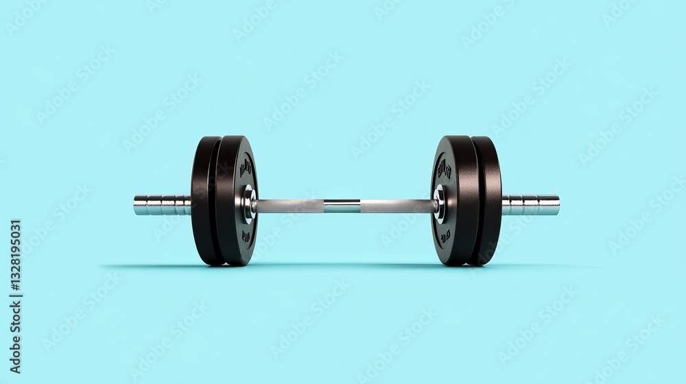 Black dumbbell bar on a light blue background Black dumbbell bar on a light blue background