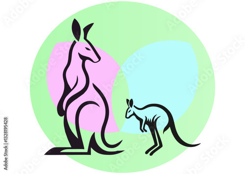 "Vector Illustration of Mother and Baby Kangaroo with Modern Abstract Design