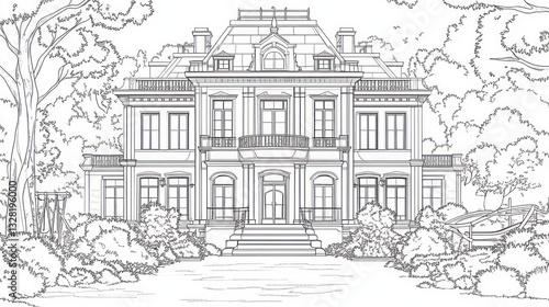 Wallpaper Mural Elegant Mansion Drawing, Gardens, Background Torontodigital.ca