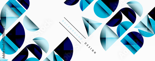 Abstract geometric background with layered gradient shapes forming dynamic patterns. Overlapping semi circles and triangles create depth and contrast