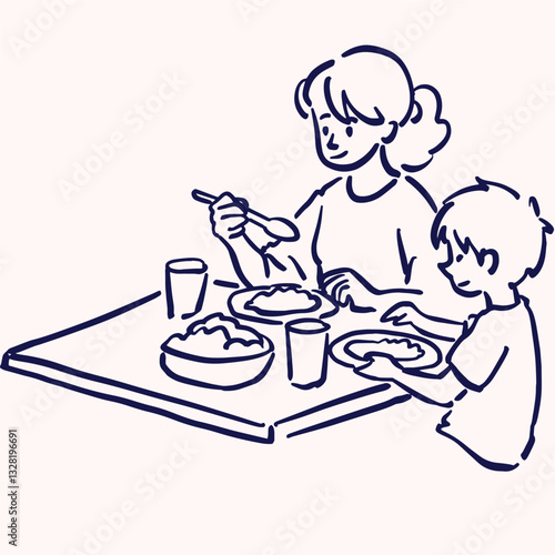 Mom and son are eating together