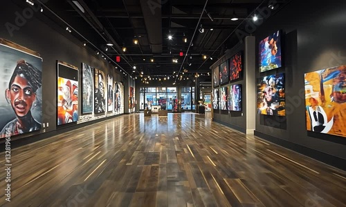 Modern art gallery showcasing vibrant murals and portraits with a lively urban backdrop