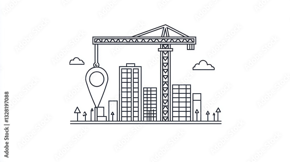 Cityscape construction site with location marker Cityscape construction site with location marker