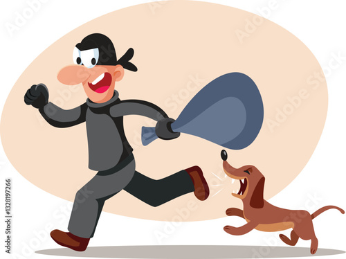 Funny Thief Running Away from a Barking Watch Dog Vector Illustration. Bandit trying to escape being chased by a surveillance animal

