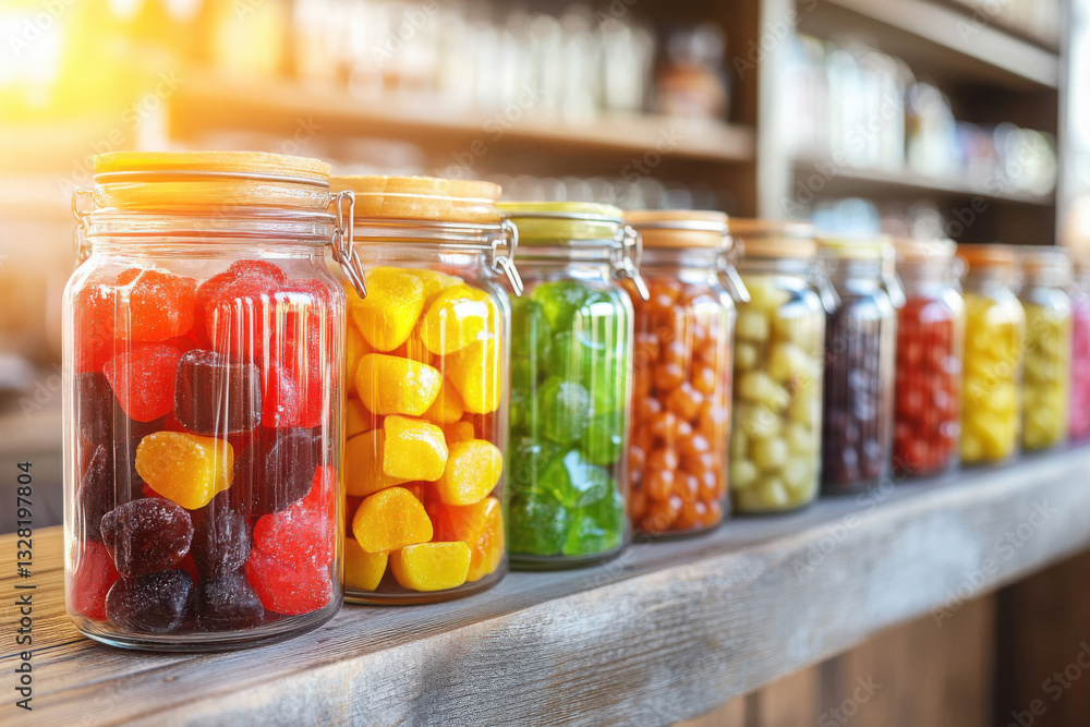 A vibrant row of glass jars filled with assorted colorful candies on a wooden shelf under warm sunlight. A vibrant row of glass jars filled with assorted colorful candies on a wooden shelf under warm sunlight.