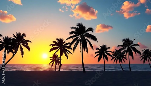 Tropical Beach Paradise: Silhouetted Palms and Radiant Sunset over Ocean