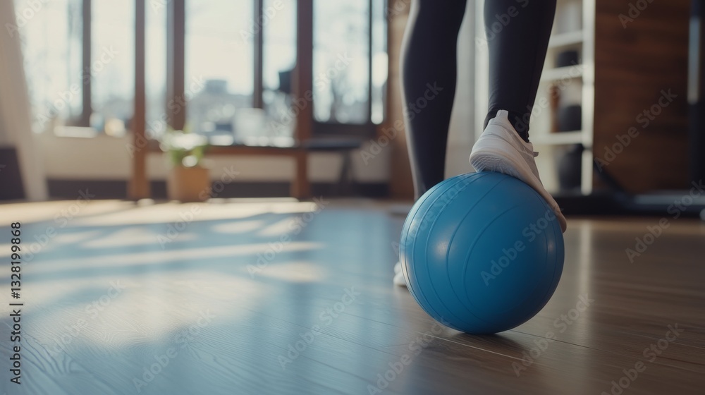 Naklejka premium Indoor Fitness Activity with a Blue Balance Ball and Natural Light in a Modern Home Gym