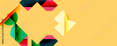 Abstract geometric artwork with interwoven angular and curved shapes, dynamic composition with smooth gradients and bold contrasts