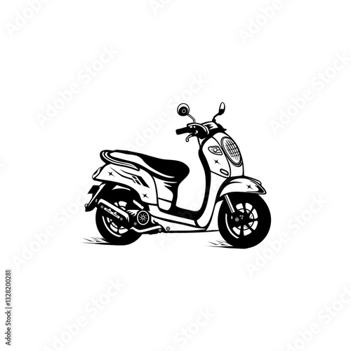 modern motor scooter right side view black and white vector line art