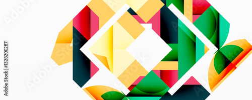 Abstract geometric artwork with interwoven angular and curved shapes, dynamic composition with smooth gradients and bold contrasts
