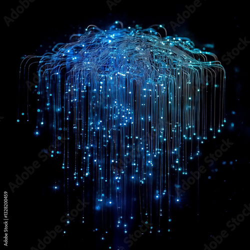 Cascading blue light strands with glowing orbs resembling a futuristic waterfall installation.