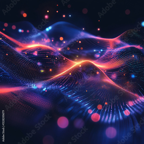 Glowing abstract landscape with undulating points of blue, pink, and orange light.