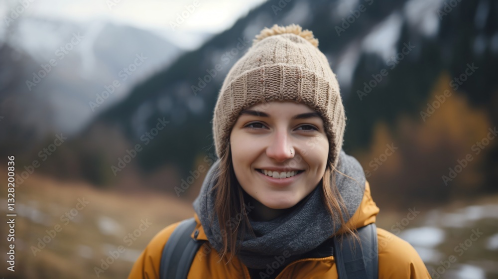 Happy Young Woman Smiling in Mountain Landscape Happy Young Woman Smiling in Mountain Landscape